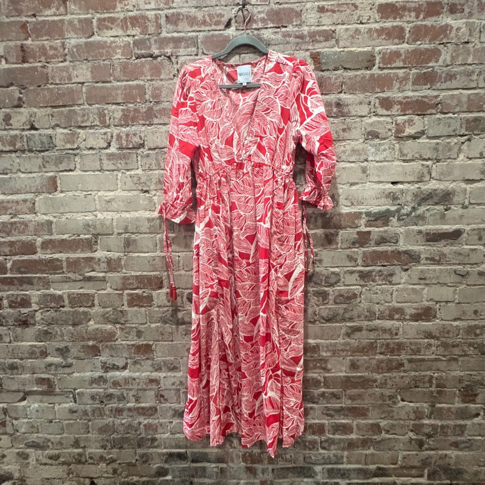 Masala Red White Tropical Leaf Print Maxi Dress V Neck Smocked Dress Size Medium - Picture 2 of 8